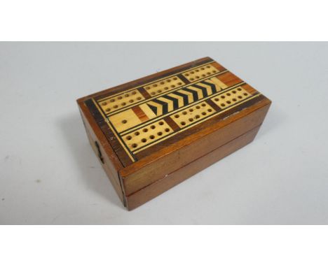 A 20th Century Folding Parquetry Travel Cribbage Box Containing Miniature Dice 