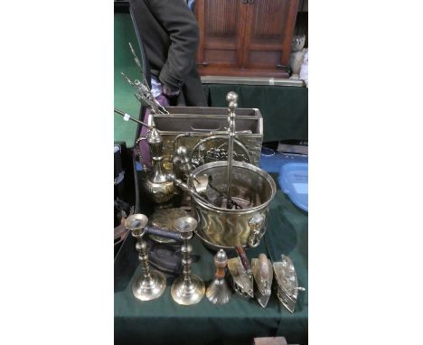 A Collection of Brass Ornaments, Dinner Gong, Magazine Rack, Planter, Coffee Pot etc 