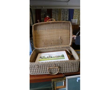 A Wicker Picnic Hamper Containing Three Prints 