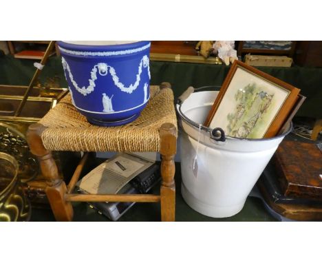 A Rush Topped Stool, Enamelled Bucket, Wedgwood Jasperware Planter (AF), Prints, Etc 
