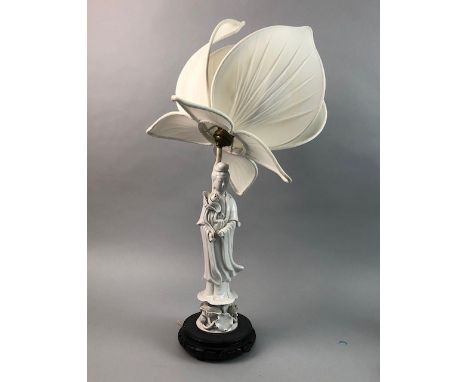 BLANC DE CHINE FIGURAL TABLE LAMP, the shade in the form of a lotus flower