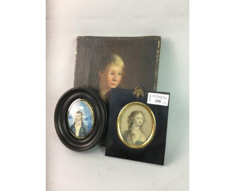 LOT OF FOUR PORTRAITS, including an oil on canvas of a boy, a printed portrait miniature and a framed portrait of a lady