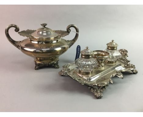 SILVER PLATED INKWELL, along with a twin handled ice bucket