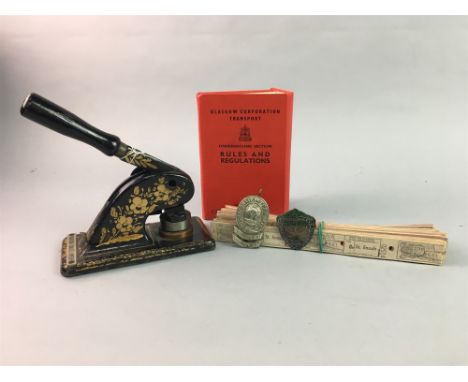GLASGOW TRAM AND RAILWAY INTEREST, comprising a Cessnock sign, tickets from 1977, Glasgow Corporation badges, including two s