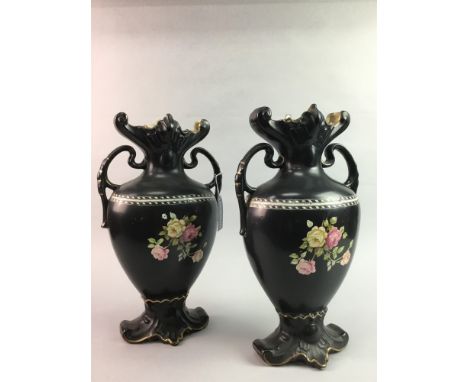 PAIR OF TWIN HANDLED BLACK CERAMIC VASES, along with a blue and white wash basin