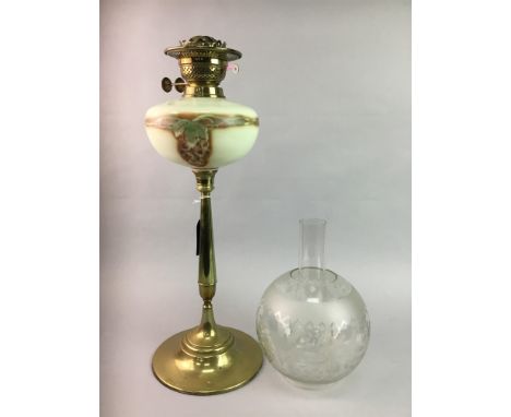 VICTORIAN BRASS OIL LAMP, with glass shade