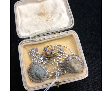 LOT OF JEWELLERY, including a lava cameo coat buckle, a beehive form brooch, an enamel locket, etc