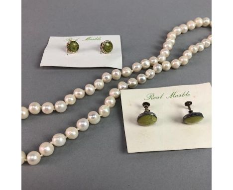 LARGE COLLECTION OF WHITE METAL AND MARBLE EARRINGS, along with two pearl necklaces