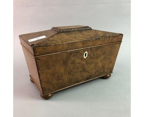 WALNUT TEA CADDY OF SARCOPHAGUS FORM, along with an oak frame, and a modern framed colour print (3)