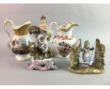 TWO CERAMIC FIGURE GROUPS, along with two jugs