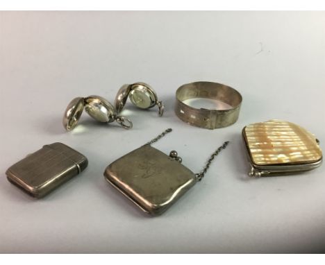TWO SILVER SOVEREIGN CASES, along with a silver vesta case, two purses, a Sheaffer pen and a bangle