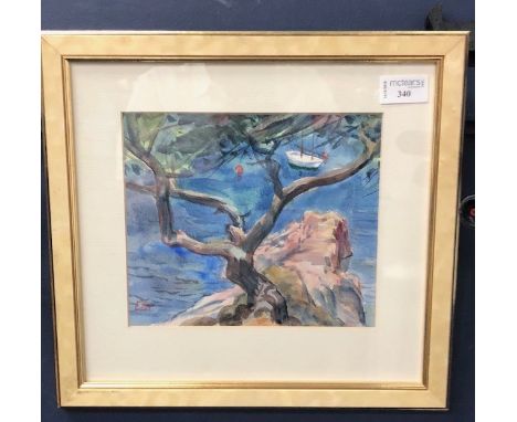 ELLIOT, COASTAL SCENE, watercolour, signed, 18cm x 21cm, framed and under glass; along with an early 20th Century book illust