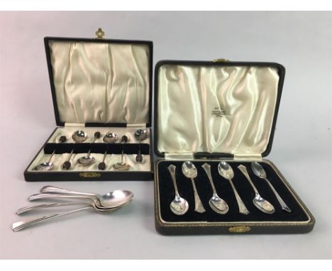 TWO SETS OF SILVER PLATED TEAPSOONS, in fitted case; along with a plated punch ladle and other silver plated cutlery
