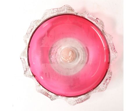 Paris Exposition Interest - An Early 20th century French ruby glass dish, circa 1900, having an acid etched wavy rim above a 