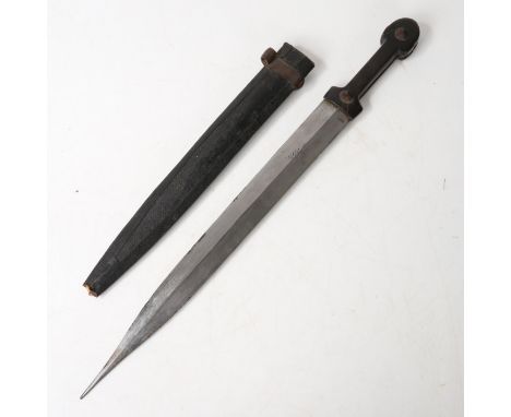 19th Century Caucasian Kindjal dagger, double edged steel blade engraved to one side with Arabic script, horn grips, held in 