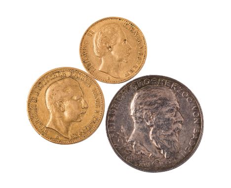Kleines 3-teiliges Konvolut Dt. Kaiserreich in Gold und Silber - 1 x Bayern - 10 Mark 1875, Ludwig II., ss., Tönung, leicht v