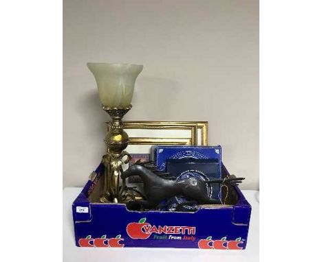 A box of gilt framed pictures, metal horse table lamp, hurricane lamp etc 