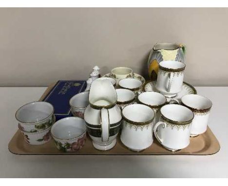 A tray of Losal Ware Burslem deco jug, Paragon Athena cup and saucers, Bunnykins bowl and cup, Worcester ramekins etc 