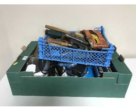 Three boxes of hand and power tools, assorted electricals etc 