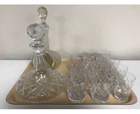 A tray of lead crystal ship's decanter, one further decanter and assorted lead crystal drinking glasses 