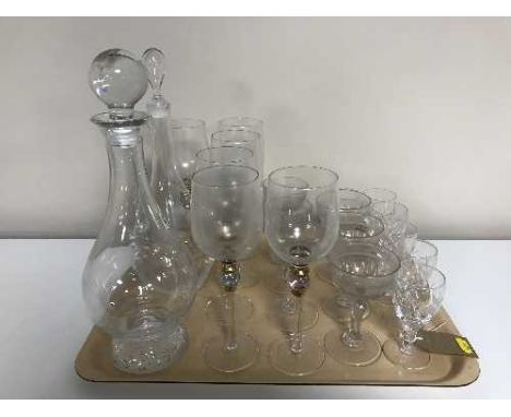 A tray of lead crystal drinking glasses, J G Durand decanter, six Stuart crystal glasses etc 