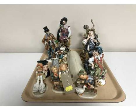 A tray of six Capo di Monte figures and two Capo di Monte scrolls and Three West German Goebel figures and two character jugs