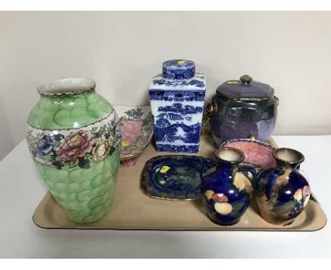 A good collection of Maling to include - Peony rose vase, Rosina dish, blue and white caddy, Windmill lustre dish, Springtime