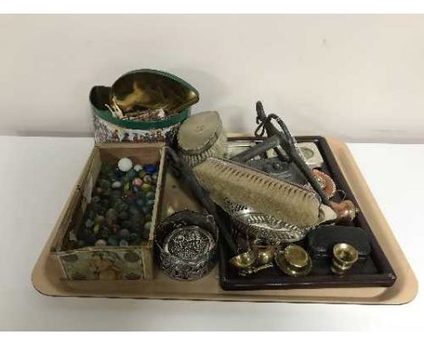 A tray of interesting collectables, three silver backed brushes, marbles, pistol lighter, photograph frames, Chinese inlaid t