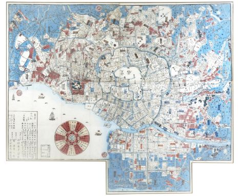 A LARGE JAPANESE PRINTED MAP OF TOKYO MEIJI PERIOD, 19TH CENTURY Orientated to the West and printed on four sheets of paper, 