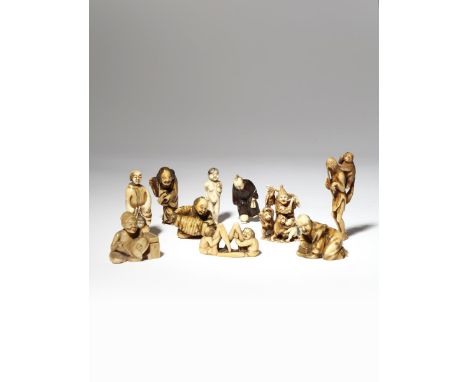 TEN JAPANESE IVORY NETSUKE EDO AND MEIJI PERIOD, 18TH AND 19TH CENTURY Depicting figures engaged in various activities: one a