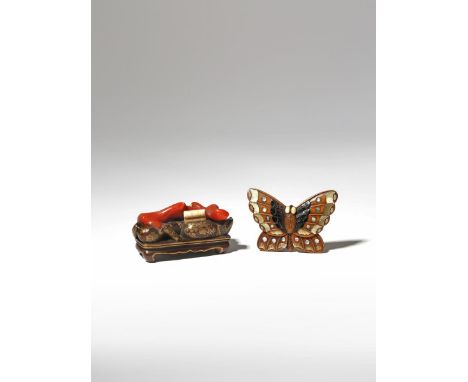 TWO JAPANESE INLAID WOOD NETSUKE MEIJI PERIOD, 19TH CENTURY One depicting a butterfly, the wings with details picked out in l