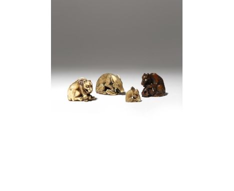 THREE JAPANESE NETSUKE AND AN OJIME EDO AND MEIJI PERIOD, 18TH AND 19TH CENTURY Two netsuke in ivory, one carved as a large w