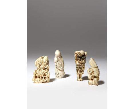 FOUR JAPANESE IVORY NETSUKE MEIJI PERIOD, 19TH CENTURY Two carved as Tobosaku Sennin and the Peach of Immortality, the third 