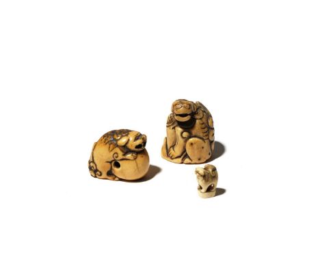 THREE JAPANESE STAG ANTLER CARVINGS, NETSUKE AND OJIME EDO PERIOD AND LATER, 18TH CENTURY AND LATER All three carved as shish