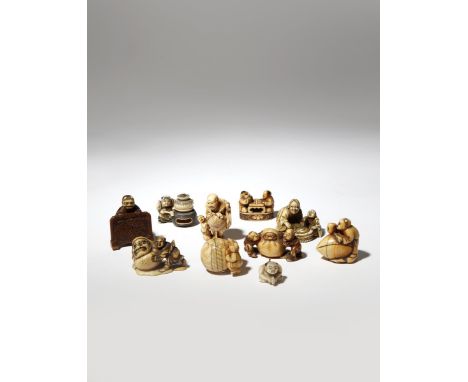 NINE JAPANESE IVORY NETSUKE AND AN OJIME EDO PERIOD AND LATER, 18TH CENTURY AND LATER Carved as children, the ojime a toddler