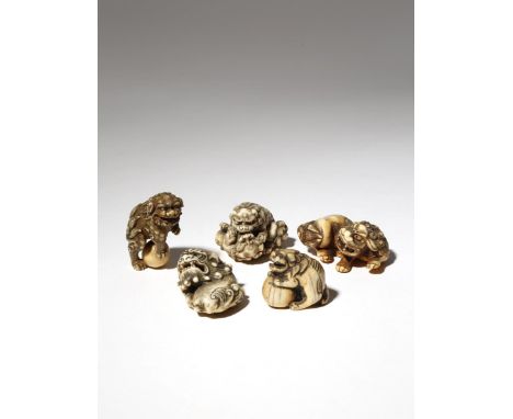 FIVE JAPANESE IVORY NETSUKE OF SHISHI EDO AND MEIJI PERIOD, 18TH AND 19TH CENTURY The lion dogs depicted in a variety of posi