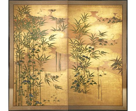 A JAPANESE RIMPA SCHOOL TWO-FOLD PAPER SCREEN, BYOBU EDO PERIOD, 18TH CENTURY Painted in ink and colour on a gold ground with