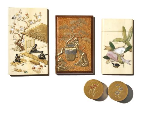 THREE JAPANESE CARD CASES MEIJI PERIOD, 19TH CENTURY Two in ivory decorated in Shibayama style with inlays in mother of pearl