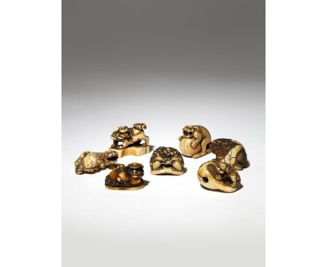 SEVEN JAPANESE IVORY NETSUKE OF SHISHI EDO PERIOD AND LATER, 18TH AND 19TH CENTURY The lion dogs depicted in a variety of pos