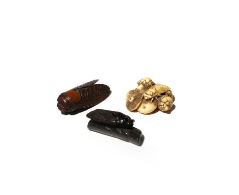 THREE JAPANESE NETSUKE OF CICADAS MEIJI PERIOD, 19TH CENTURY One in umimatsu and carved resting on a twig with small leaves t