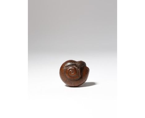 A JAPANESE WOOD NETSUKE OF A SNAIL MEIJI PERIOD, 19TH CENTURY Emerging from its shell and bending back to the top, realistica