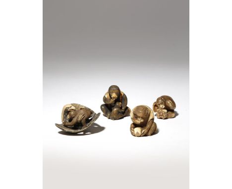 FOUR JAPANESE IVORY NETSUKE OF MONKEYS MEIJI PERIOD, 19TH CENTURY One primate quizzically looking at a bug climbing on the fr