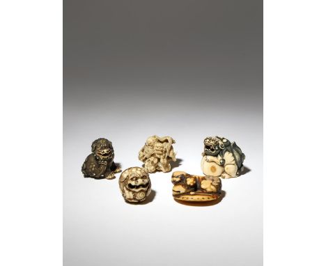 FIVE JAPANESE IVORY NETSUKE OF SHISHI EDO AND MEIJI PERIOD, 18TH AND 19TH CENTURY The lion dogs with ferocious expressions; o