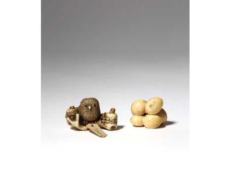 TWO JAPANESE IVORY NETSUKE MEIJI PERIOD, 19TH CENTURY One depicting an owl, the plump bird perched on an ivy-clad branch with