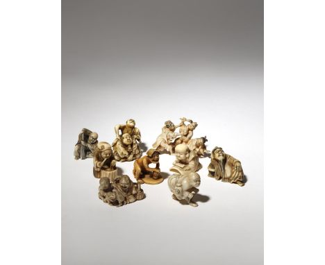 NINE JAPANESE IVORY NETSUKE MEIJI PERIOD, 19TH CENTURY Depicting figures engaged in a variety of activities: one an okimono­-