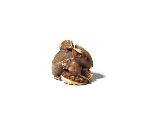 A JAPANESE IVORY NETSUKE OF RATS EDO OR MEIJI PERIOD, 19TH CENTURY Depicting a large rat and its two young, the parent and on