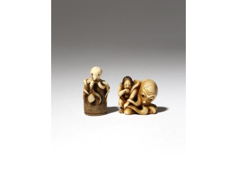 TWO JAPANESE IVORY NETSUKE OF CEPHALOPODS MEIJI PERIOD, 19TH CENTURY One carved as an octopus on an upturned pot, its mouth s