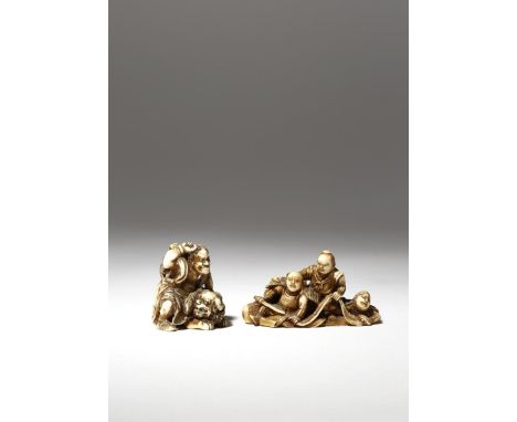 TWO JAPANESE IVORY NETSUKE MEIJI PERIOD, 19TH CENTURY One depicting Gyoja Busho taming a large lion dog, signed Tomochika und