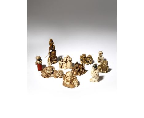 NINE JAPANESE IVORY NETSUKE MEIJI PERIOD, 19TH CENTURY Depicting figures engaged in various activities, one carved as Jurojin