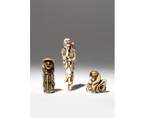 THREE JAPANESE NETSUKE EDO AND MEIJI PERIOD, 18TH AND 19TH CENTURY Two in ivory, one carved as a monkey seated on a rock and 